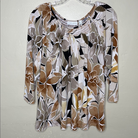 SUSAN GRAVER Scoop Neck Floral Brown & Cream Liquid Knit Popover Tunic Top Med - Picture 1 of 8